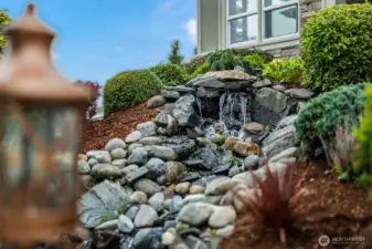 Water feature at the front entry enhances curb appeal with calming movement, stone texture, and lush landscaping.