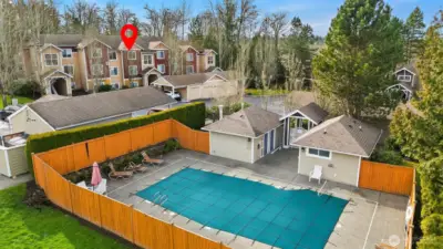 You can see the close proximity of the condo in relation to the pool area & club house with bathrooms