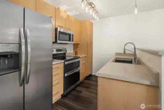 The kitchen offers Stainless Steel Appliances (2-3 years old), nice deep sink, new light fixtures, and breakfast bar