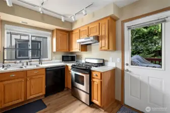 Kitchen with door to back deck.
