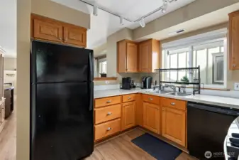 Sunlight streams through this kitchen window and back door window.