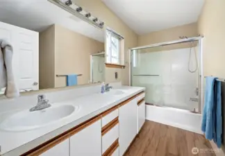Primary bathroom with double vanity.