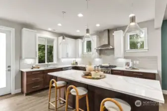 Slab quartz countertops with custom lighting.