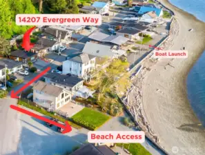 This cute beach bungalow backs a gorgeous treed hillside. Parking for up to 5 cars in front and along the north side of cottage and also behind gate on north side of cottage.