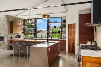 Rich walnut cabinets and custom quartz island with bar top seating. Corner walk-in pantry storage