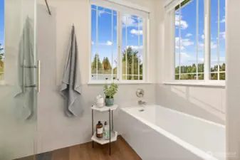 Main bathroom air jacuzzi tub surrounded by surreal landscape views