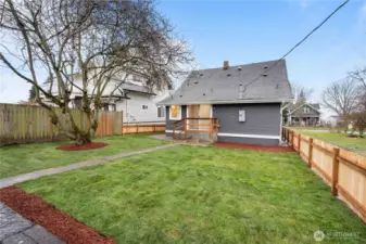 Newly sodded lawn and fencing.