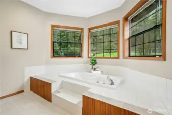 Primary bath soaking tub with a view