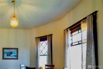 Original leaded glass windows & antique chandelier