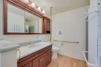 Updated Primary ensuite features a large jetted tub, separate shower, towel warming rack, and auto open/remote control bidet