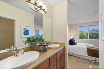 Double sink and storage off primary bedroom.