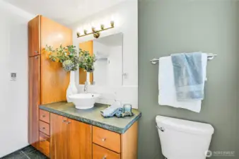 Plenty of storage in the bathroom.