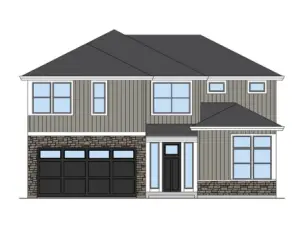 An exterior rendering of the Gilbert home layout at Gooden Hollow. All photos, renderings, site maps, and floorplans are for visualization purposes only. Plans, colors, building orientation, finishes, home outlook, and other details can and WILL vary.
