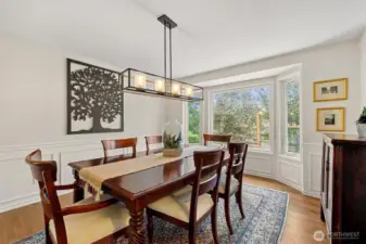 Formal dining room with modern lighting