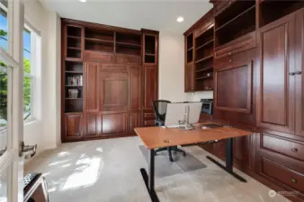 The handsome office with a Murphy bed and 2 pull down desks.