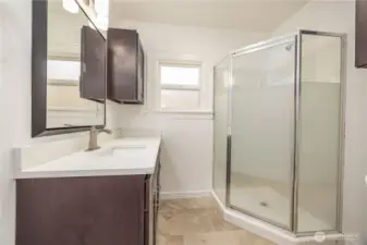 New shower, sink, vanity and floors.