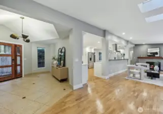 Main entrance on the left, living room on the right.  Kitchen straight ahead.