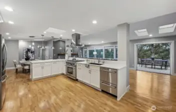Chef's Kitchen looking out toward the living room on the right, dining area on the left.