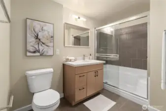 new bathroom vanity, mirror and lighting