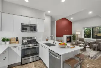 (Virtually Staged) Kitchen open to living room