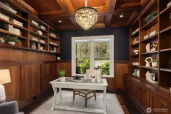 Box-beam ceiling with custom lighting. Floors, built-ins and ceiling are all Walnut.
