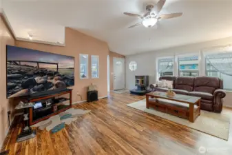 Huge living room with soaring ceilings.