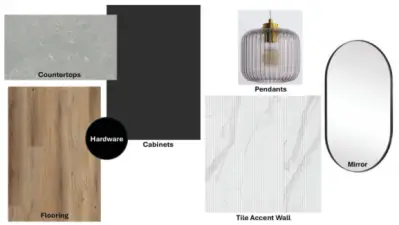 Powder bathroom selections.  Finishes subject to change depending on product availability.