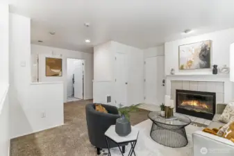 Modern fireplace serves as a focal point.