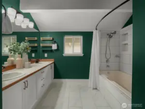 Primary bath recently updated: new tile floor, tile tub surround, new fixtures