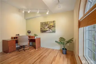 Soaring ceiling detail, custom track lighting, and beautiful hardwood floors, this main-level flex space is ideal for a home office, library, or guest bedroom.