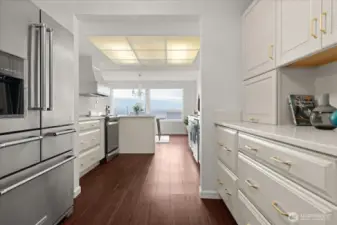 Newer, large stainless steel refrigerator with French doors and lower freezer area