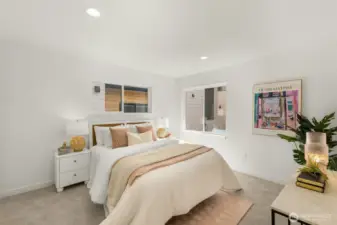A floor-to-ceiling glass walk-in shower adds a touch of daily luxury to your morning routine.