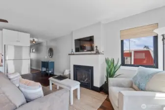 A gas fireplace completes the great room.