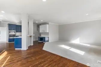The kitchen opens up to the family room with gas fireplace