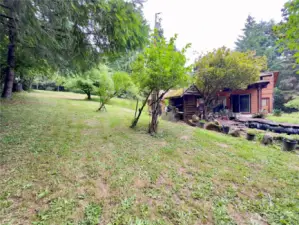 Side yard and view towards patio of the single level home at 818 NW 349th St, La Center WA in Clark County