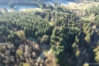 Aerial view of 40 acres with a home in Clark County Washington. One level home and barn included.