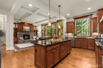 Stunning millwork & box beamed ceilings in the grand-scaled living room.