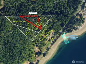 Overhead view with approximate boundaries of subject property in red and yellow dotted lines represents approximate access route.
