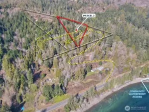 Overhead view with approximate boundaries of subject property in red and yellow dotted lines represents approximate access route.
