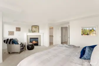 Cozy sitting area and gas fireplace in primary suite