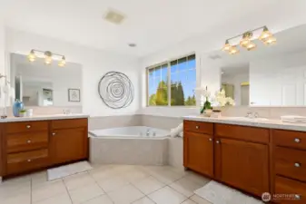 Separate vanities and large soaking tub.  Ahhhhhh