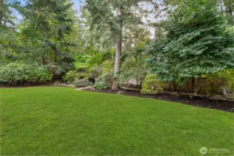 Explore on your own property with a sweet bridge over a flowing waterfall feature (not currently in use) into a little pond.