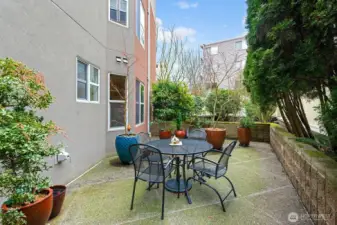 From the living room slider the view of Patio on the West side of the unit.  So much space to put your pots out or in the planter box. On the left those windows are fall from your unit on this main 2nd floor. they are the 2nd bedroom windows and main bath windows.