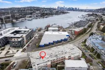 The unit is on the 2nd floor of the complex and this arrow shows the location in the building. A lovely private corner unit. Notice across the street is the Burke Gilman trail. This shows the i-5 bridge, lake union a block away and downtown Seattle in the distance. Oh let's now forget Ivar's Salmon House is only a couple of blocks away. Also so close to the U of Washington, I-5, I-20 and  Aurora Ave making this a very central location.