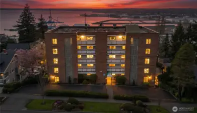 Sunset view of condo building