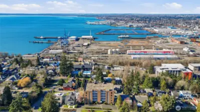 View of Bellingham, the port and to mountains in the distance