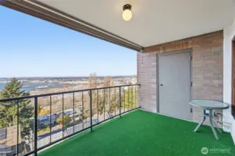 Covered deck with view of downtown Bellingham and port