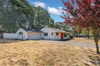 Opposite side view of the house with covered front porch and side entrance to massive back yard.