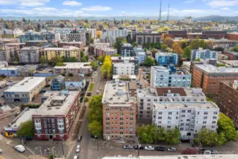 Aerial view of the building and surrounding area
