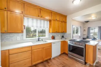 Love the window over the sink looking out to huge fenced yard; new gas stove